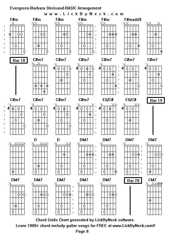 Chord Grids Chart of chord melody fingerstyle guitar song-Evergreen-Barbara Streisand-BASIC Arrangement,generated by LickByNeck software.